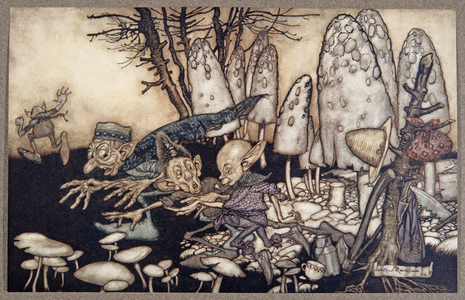 A band of workmen who were sawing down a toadstool rushed away leaving their tools behind them, from Peter Pan in Kensington Gardens by J M Barrie (1860 - 1937), pub. 1906 (colour litho)