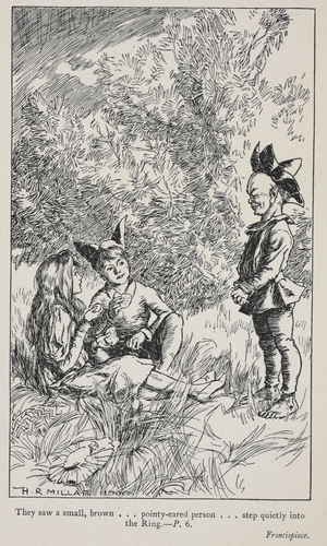 Puck appears to Una and Dan on Midsummer's eve. Illustration for a story set in the Sussex hills.