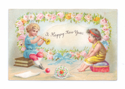 A Victorian New Year card of a child looking at another blowing a bugle, c.1880 (colour litho)