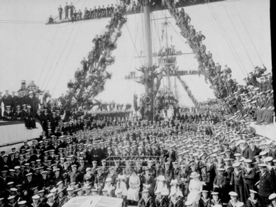 Officers and boys pictured on the training ship HMS Impregnable at Plymouth, c.1900 (b/w photo)