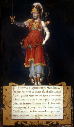 French king Francois 1st (1494-1547) with attributes of different gods, illumination, 1545