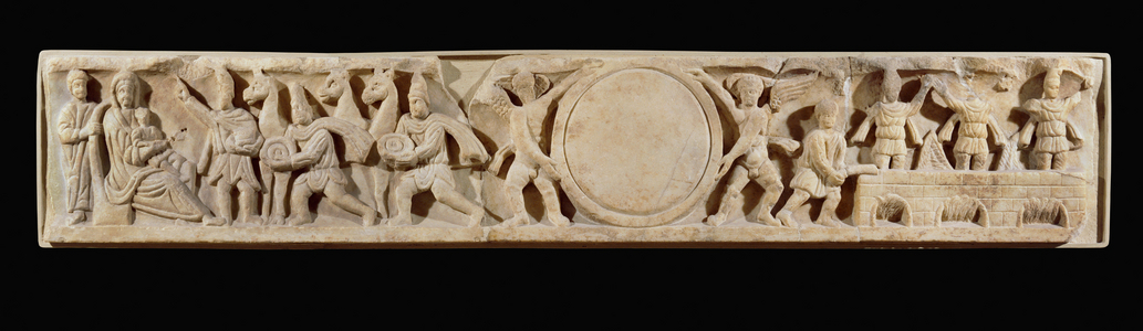 Front panel of the sarcophagus' lid: the adoration of the three Magi and the three Hebrews in the furnance …
