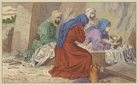 Jesus Christ placed in his tomb (colour litho)