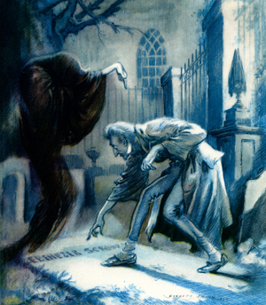 Ghost of Christmas Future shows Ebenezer Scrooge