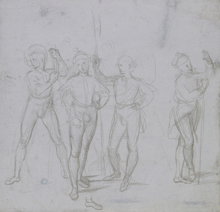 Recto: Group of four standing Soldiers, WA1846.154 (metalpoint on blue perpared paper)