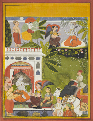 Kama Shoots a Love Arrow at Shiva, page from a copy of the Gita-Gauri, Song of Gauri, c.1675-80 (opaque watercolour & gold on paper)