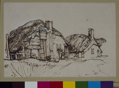 Two thatched cottages with figures at the window, c.1640 (pen & ink on paper)
