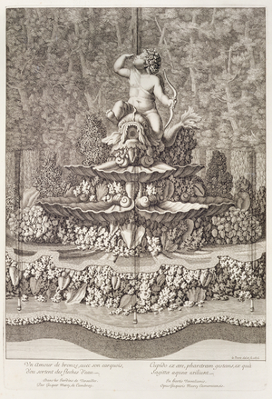 Fountain with cupid by Gaspar Marcy at Versailles, 1676 (etching)