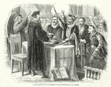 Calvin refusing the Sacrament to the Libertines in St Peter's (engraving)