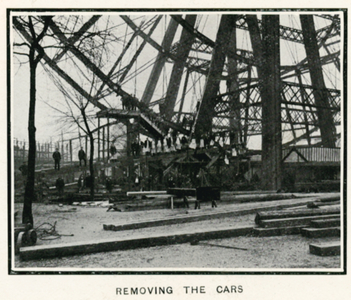 Removing the Great Wheel at Earl's Court, London; removing the cars; from The Sphere, 13 April 1907 (photo)