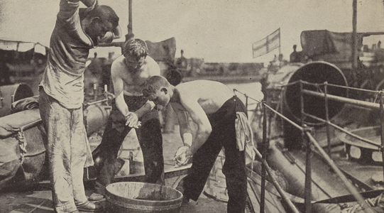 The daily wash aboard a German torpedo boat (b/w photo)