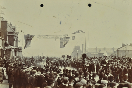 Blackwall Tunnel: pagentry as the Prince of Wales, later King Edward VII, and Princess Alexandria attend the ceremonial opening of the tunnel, 1897 (b/w photo)