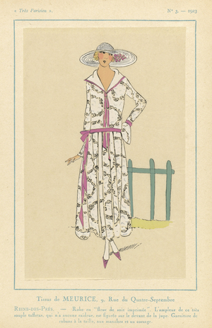 Tissus de Meurice, 9, Rue du Quatre-Septembre, from Tres Parisien, pub. 1923 (coloured engraving)