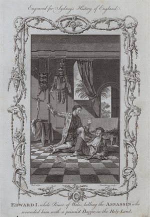 Edward I, while Prince of Wales killing the Assassin who wounded him with a poisoned Dagger, in the Holy Land (engraving)