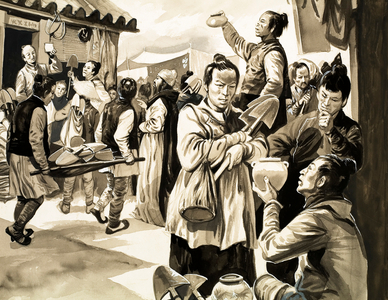 About a thousand years ago in China, customers bargained with merchants for goods and paid in spades (gouache on paper)