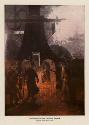 Steam hammer in a German rolling mill (colour litho)
