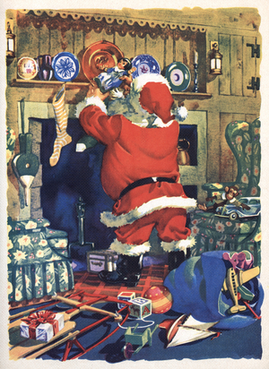 Santa Stuffing Stockings with Toys on Christmas Eve, 1935 (colour litho)