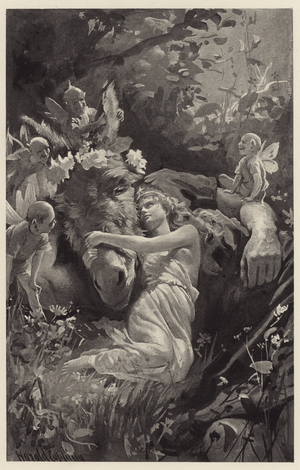 "Sleep, then," said the Queen, "And I will wind you in my arms, oh, how I love you! how I dote upon you!" (litho)