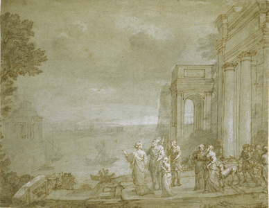 View of Carthage with Dido and Aeneas, 1676 (pen & ink with wash and chalk, heightened with white on paper)