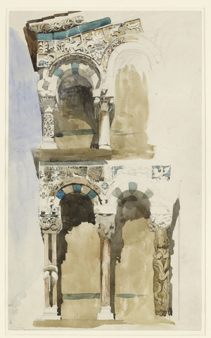 Part of the Façade of the destroyed Church of San Michele in Foro, Lucca, sketched in Colour, 30 June - 1 July 1846 (watercolour over graphite on wove paper)