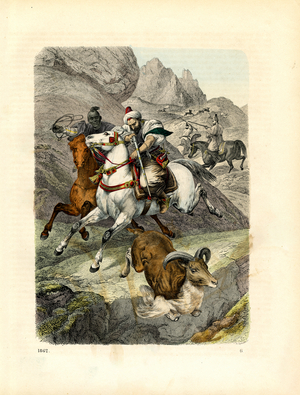Mouflon Hunt in Rocky Mountain Landscape (engraving)