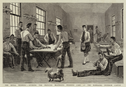 The Royal Wedding, dividing the Princess Beatrice's Wedding Cake at the Barracks, Windsor Castle (engraving)