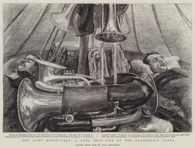 The Army Manoeuvres, a Peep into one of the Bandsmen's Tents (engraving)