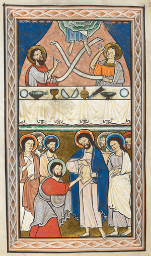 Miniature from the prefatory cycle of the Supper at Emmaus in the upper register, and the Doubting of Thomas in the lower register.
