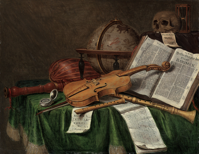 Vanitas still life with an astrological globe, a violin, a skull, an hourglass, an open book, a score, a watch, a lute and other musical instruments on a draped table, 1680s (oil on panel)