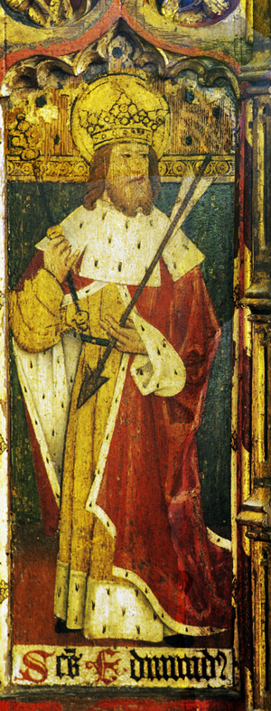 St Edmund, detail of the rood screen, St Catherine's Church, Ludham, Norfolk, UK (tempera on wood)