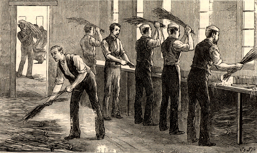 Hackling Flax by hand, 1880 (engraving)