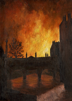 Fires seen over Pulteney Bridge during the Blitz, 1942 (oil on canvas)