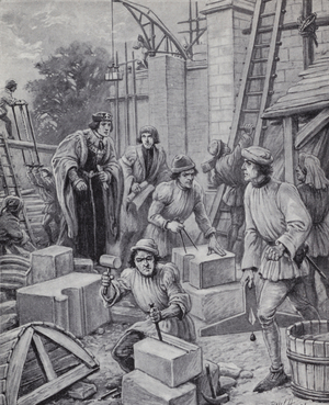 King Henry VI overseeing the building of Eton College that he founded in 1440 (litho)