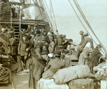 Russian pilgrims to Jerusalem aboard vessel in Beirut harbour, 1903 (b/w photo)