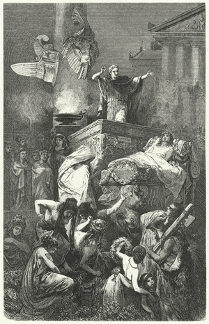 Augustus giving the oration at the funeral of his nephew Marcellus, 23 BC (engraving)