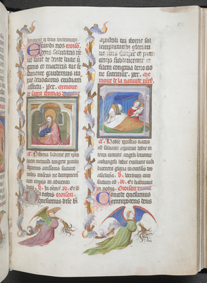 Thomas (left) and the Birth of the Virgin (right), with partial foliate borders carried by angels
