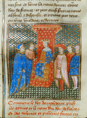 English King Edward III on his throne, clad in a tunic with English and French emblems, listens to a speech byRobert of Artois …