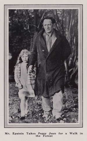 British sculptor Jacob Epstein taking Peggy Jean for a walk in the forest (b/w photo)