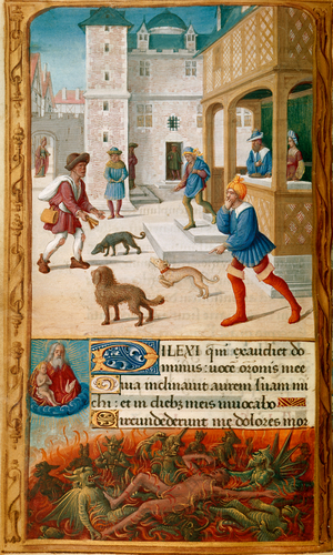 Miniature with Dives, feasting with his wife and approached by Lazarus, in a cityscape, followed in the lower border by Dives tormented by demons and watched by the soul of Lazarus, which is held by God in heaven, and decorated initial 'D'(ilexi), at the beginning of the Office of the Dead, c.1500 (vellum)