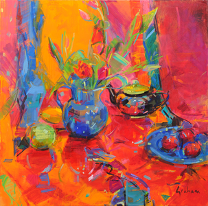 Red Tulips and Fruits (oil on canvas)