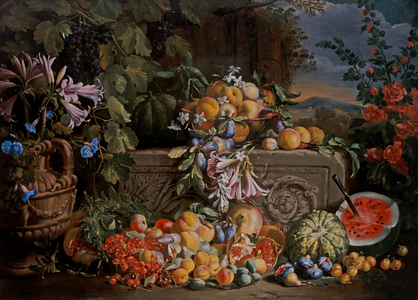 Still Life With Cherries, Watermelon, Peaches, Apricots, Plums, Pomegranates And Figures, 17th century (oil on canvas)