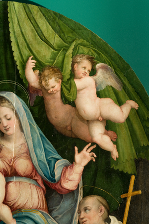 Madonna and Child Jesus enthroned between Saint Benedict and Saint Bernard (detail), c.1547-1549 (oil on board)