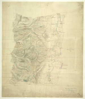 This drawing covers part of Nottinghamshire, with the River Trent depicted down the right of the sheet. Land use is indicated by colours instead of the conventional symbols: dark green for woodland, lighter green for meadows and light brown for arable land