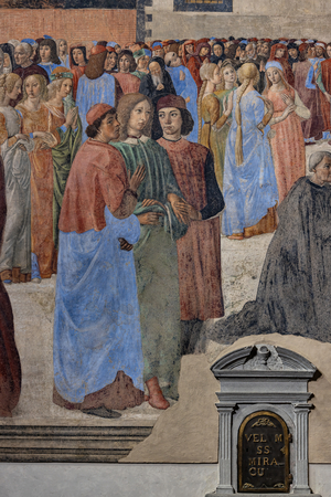 The Group of Neoplatonic Humanists' (from the left, Marsilio Ficino, Giovanni Pico della Mirandola and Agnolo Poliziano): detail of the 'Miracle of the Sacrament', fresco (fresco)
