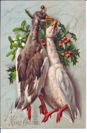 Victorian Christmas card of a dead goose and a duck, c.1880 (colour litho)