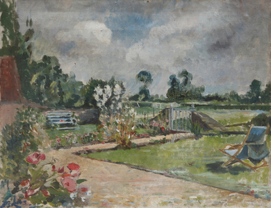 Garden Scene with Deckchair (oil on canvas)