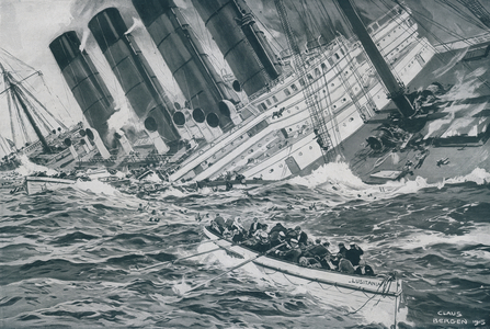 The sinking of the Lusitania by the German submarine U-20, 7 May 1915 (litho)