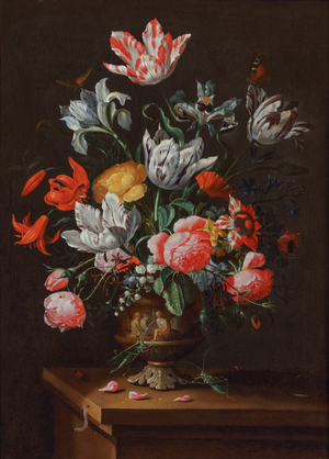 Tulips and Other Flowers in a Painted Stoneware Baroque Vase on a Wooden Ledge, 1635 (oil on canvas)