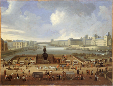The Pont-Neuf, seen from the entrance to the Place Dauphine, the Quai Malaquais with the Collège des Quatre-Nations, the Grande Galerie and the Louvre, circa 1669, present-day 1st and 6th arrondissements, between 1666 and 1669 (oil)
