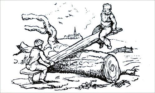 Children playing on an early see-saw